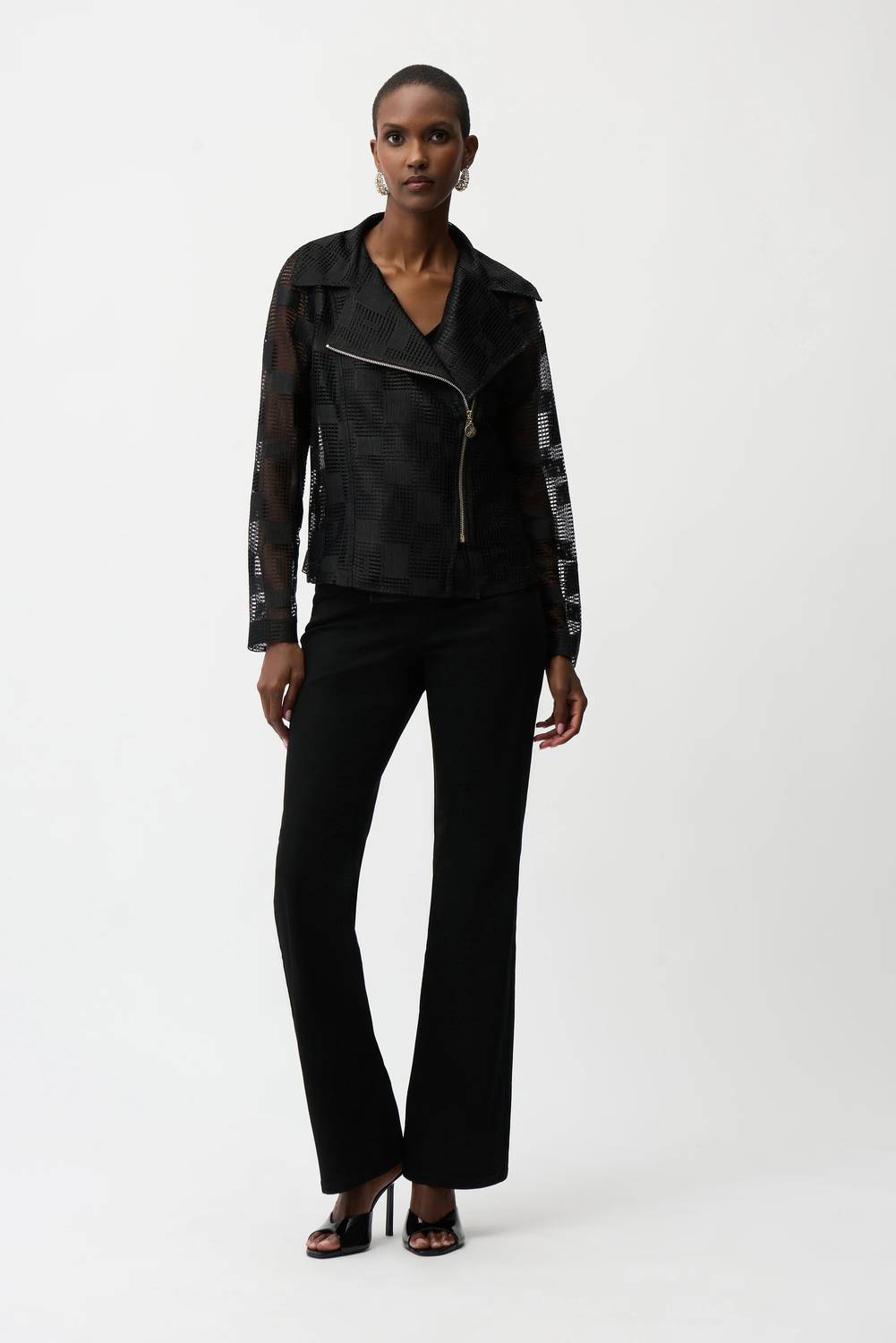 Joseph Ribkoff - Geometric Mesh Moto Jacket With Asymmetric Zipper