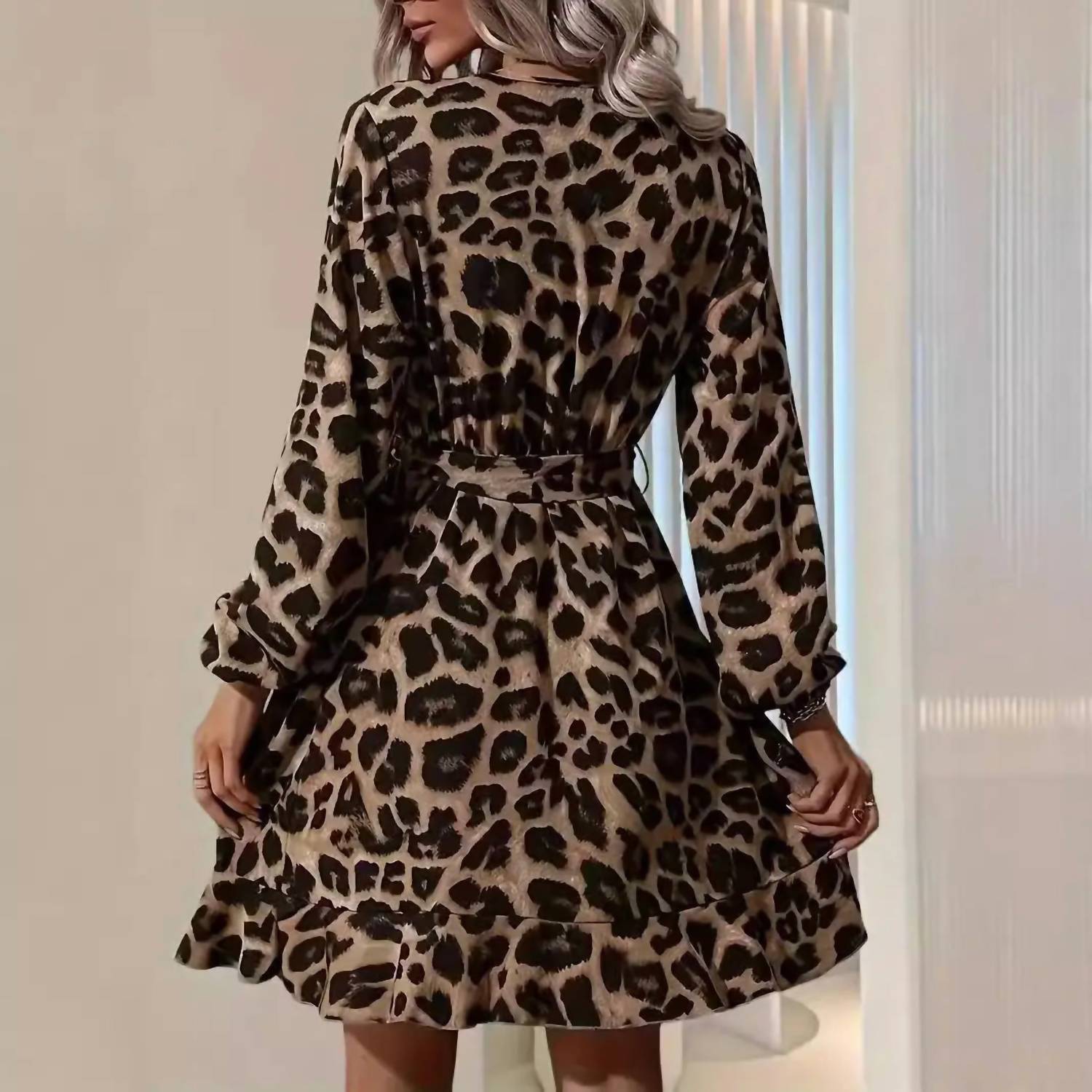 Masyal - Lauryn Print V-neck High-waist Asymmetrical Dress