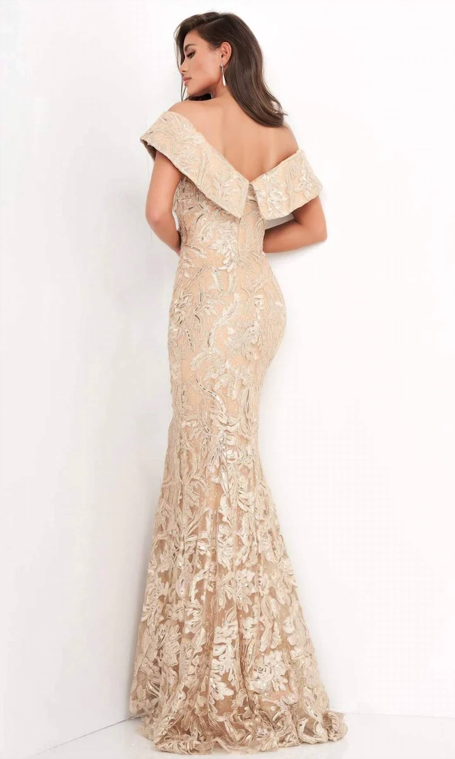 Jovani - Off Shoulder Embroidered Mermaid Gown