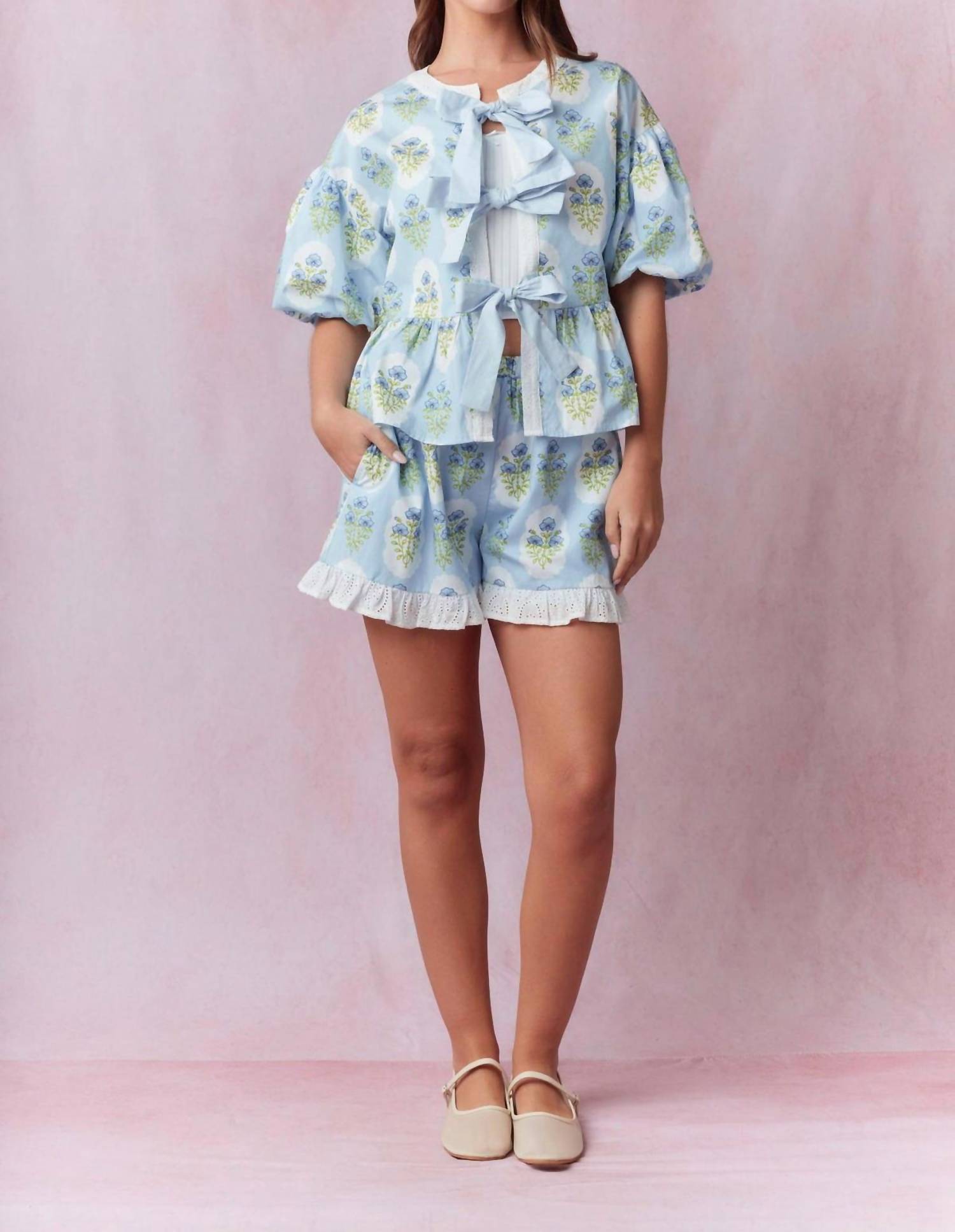 Peach Love Flower Printed With Eyelet Ruffle Detail Shorts in blue - women's shorts