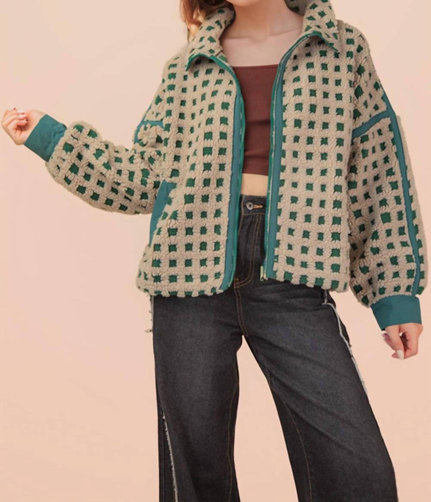 Very J - Oversized Checker Fleece Jacket