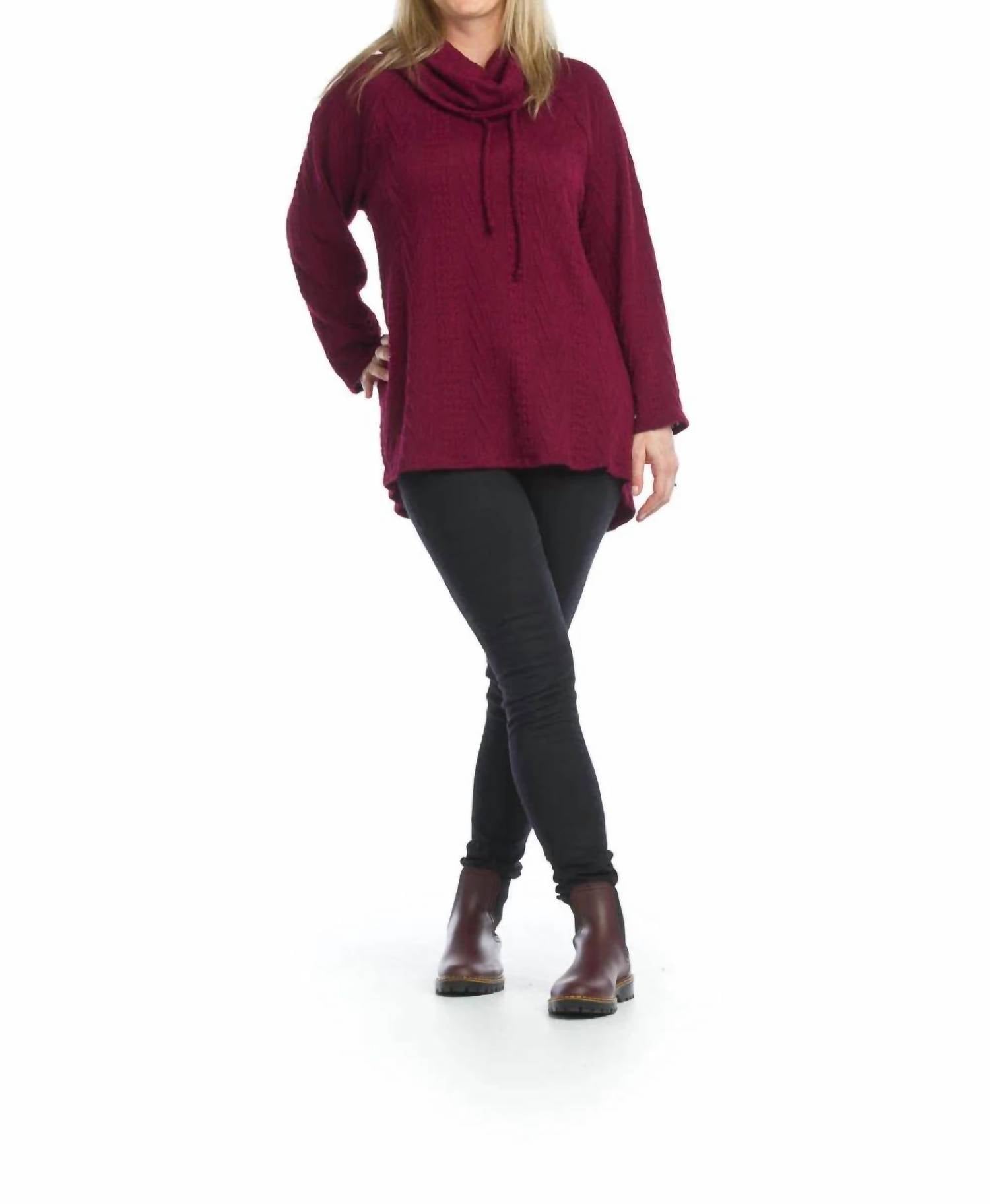 Papillon - Cowl Neck Cable Knit Tunic Sweater