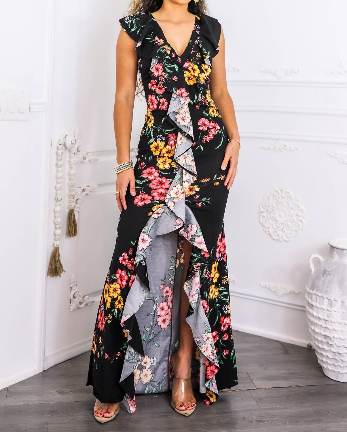 Surelymine - Two-way Floral Ruffle Maxi Dress