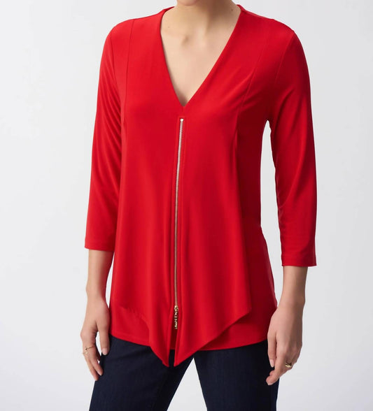 Joseph Ribkoff - Layered Zip Front Quarter Sleeve V-neck Top