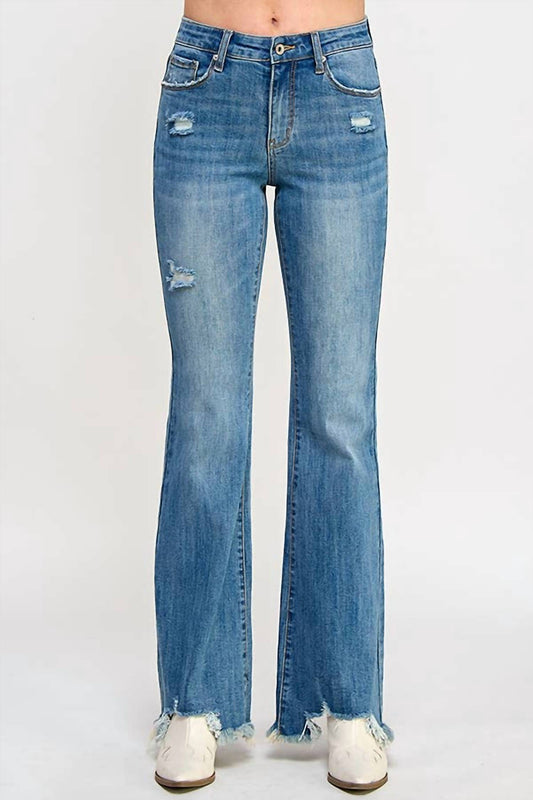 Saige Denim - Mid Rise Boot Cut With Destroy Fray Hem Super Stretch Jeans