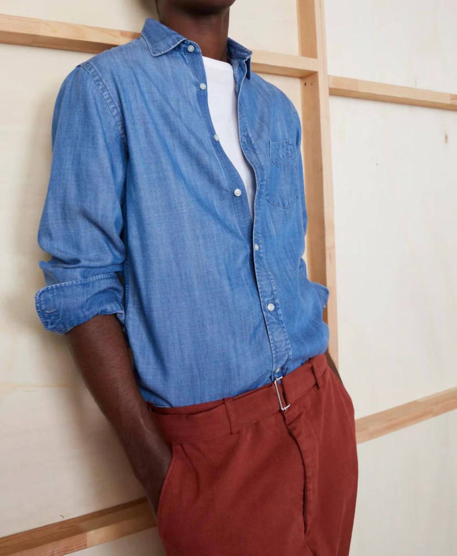 Officine Générale Bd Lyocell Shirt in mid indigo - men's shirt - detail view