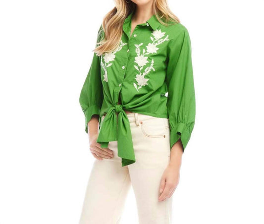 Karen Kane - Blouson Sleeve Embroidered Tie-Front Top