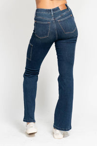 Judy Blue High Waisted Cargo Bootcut Stretchy Jeans in dark denim - women's pants - alternate view
