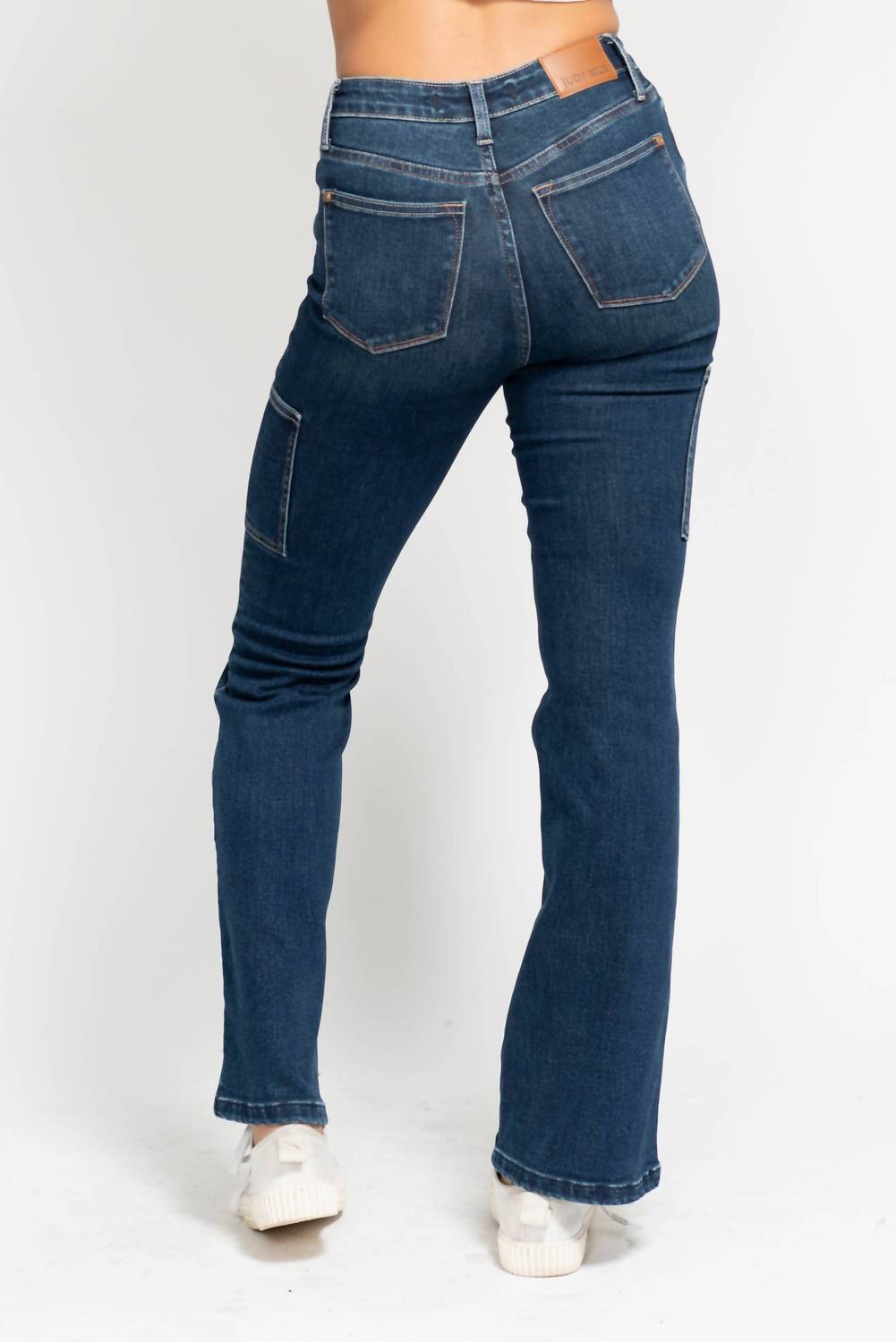 Judy Blue High Waisted Cargo Bootcut Stretchy Jeans in dark denim - women's pants - alternate view