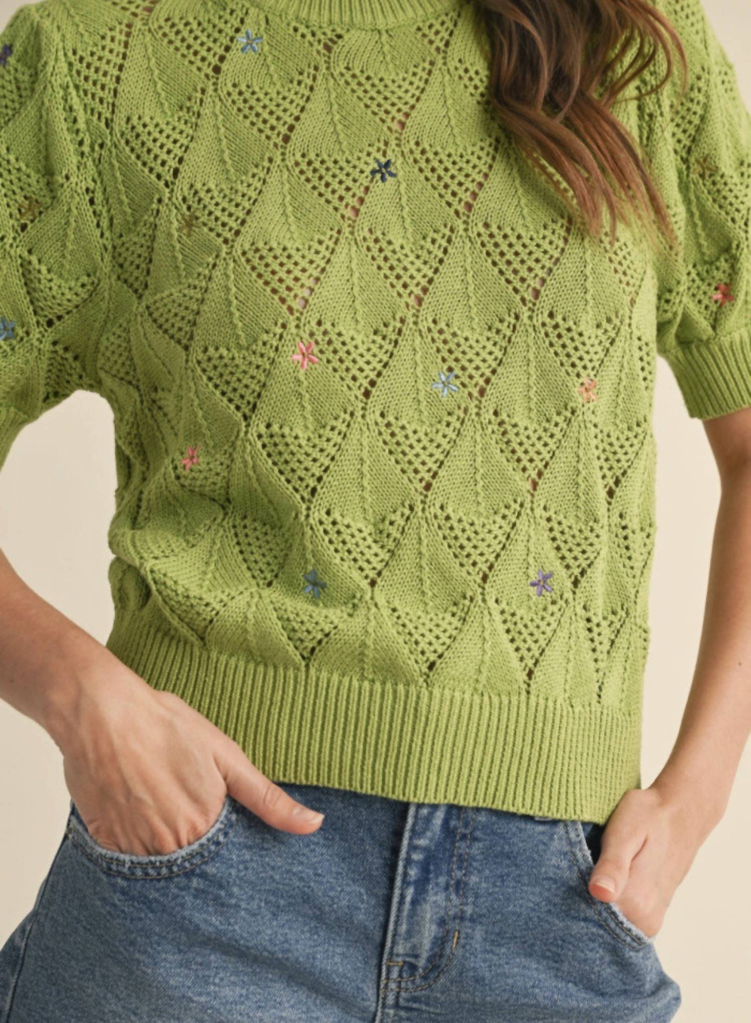 &Merci - embroidered flower short sleeve sweater