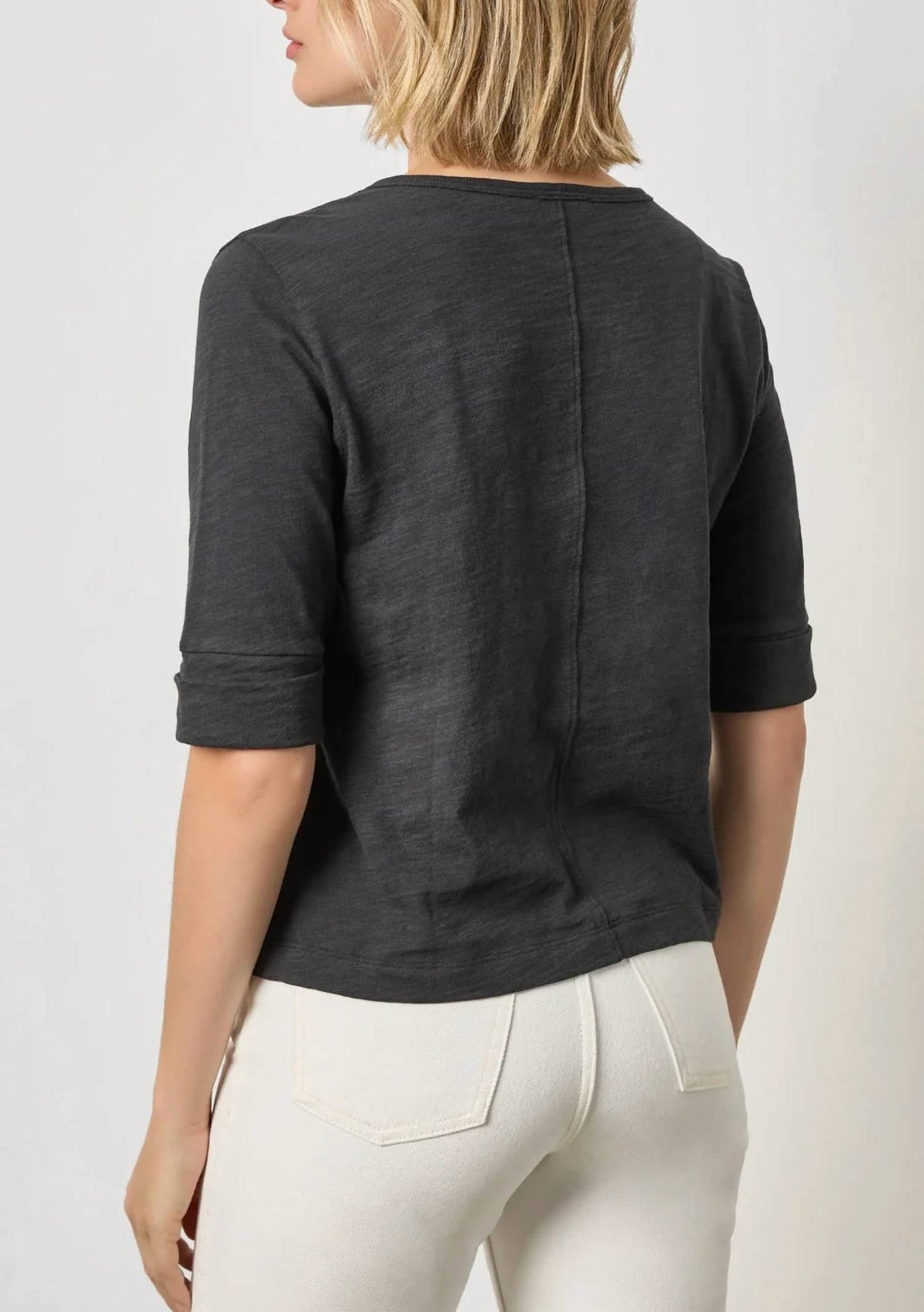 Lilla P - Rib Trim Elbow Split Neck Top