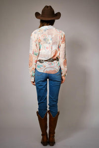 Blue B Georgia Vintage Western Print Chiffon Shirt in beige multi - women's shirt - detail view