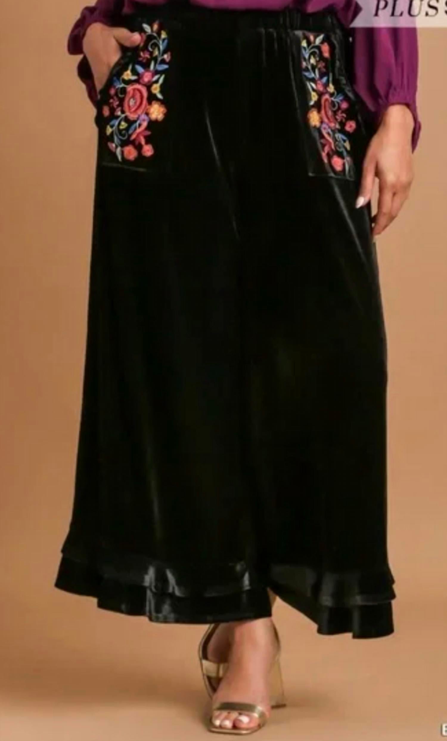 Umgee - Women's Velvet Embroidered Wide Bell Pants