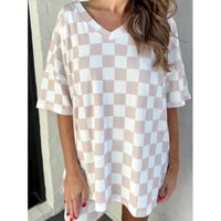 Jess Lea - Neutral Checkered V-Neck Short Set