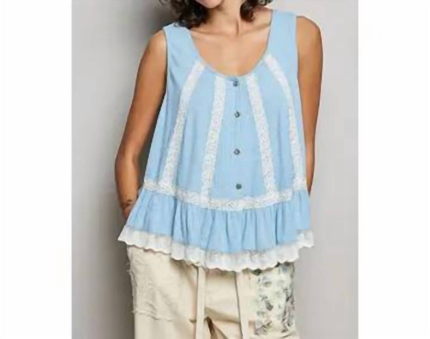Pol - Metal Button Down Lace Trim Tank
