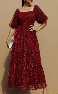 Dress Day Sequins Mesh Long Dress in burgundy - women's dress