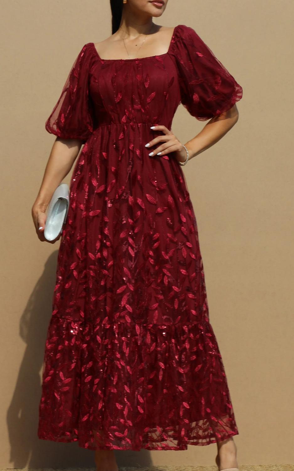 Dress Day Sequins Mesh Long Dress in burgundy - women's dress