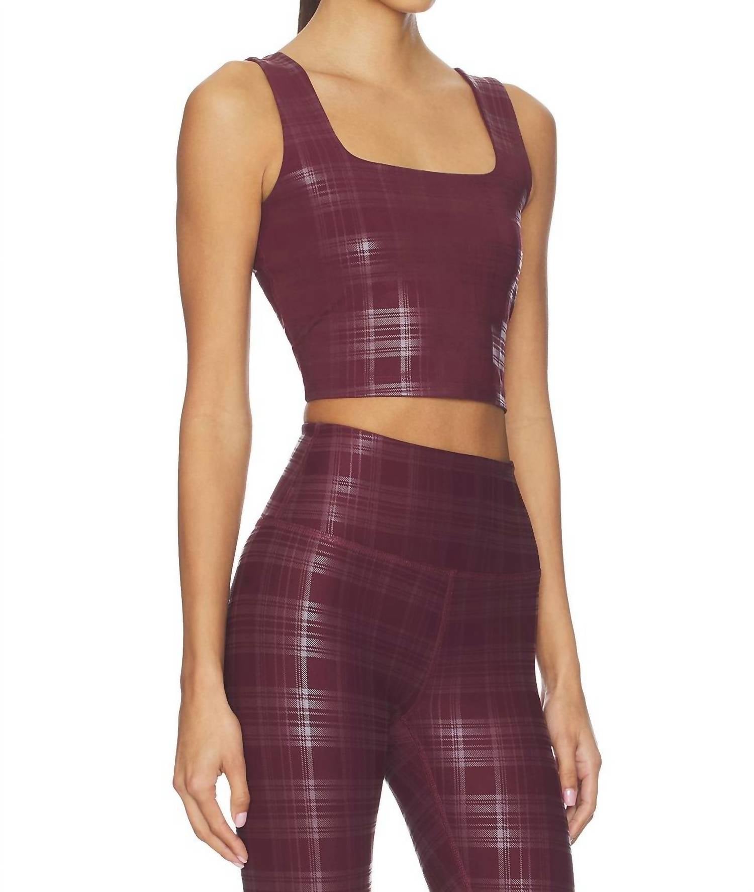 BEYOND YOGA High Cropped Tank Top in plaid foil burgundy - women's tank top - alternate view