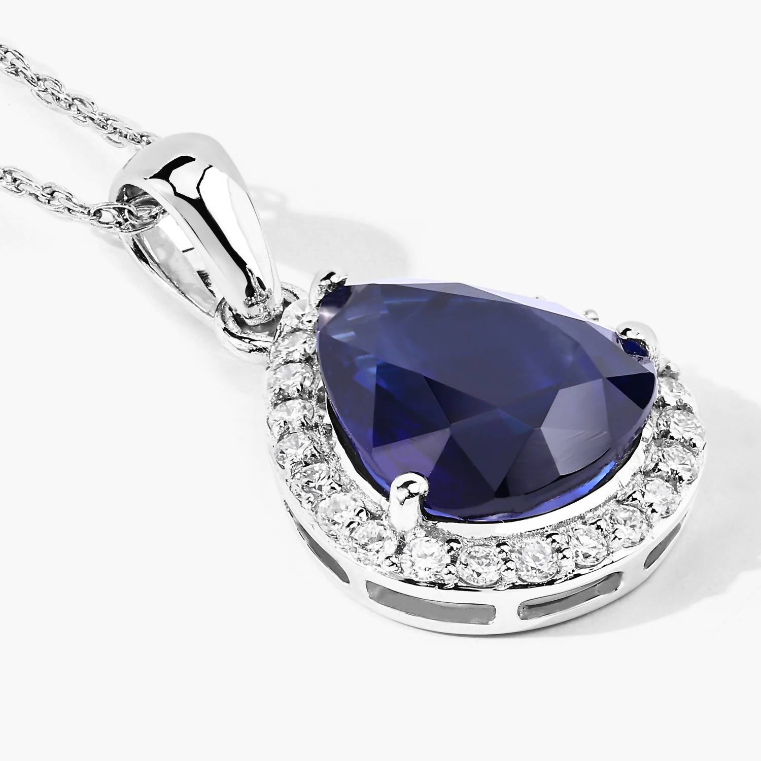 Diana M Jewels Women's Pear Natural Ceylon Blue Sapphire Pendant Necklace (3.52 Ct) - Signature Plus in 18k white gold - women's jewelry - detail view