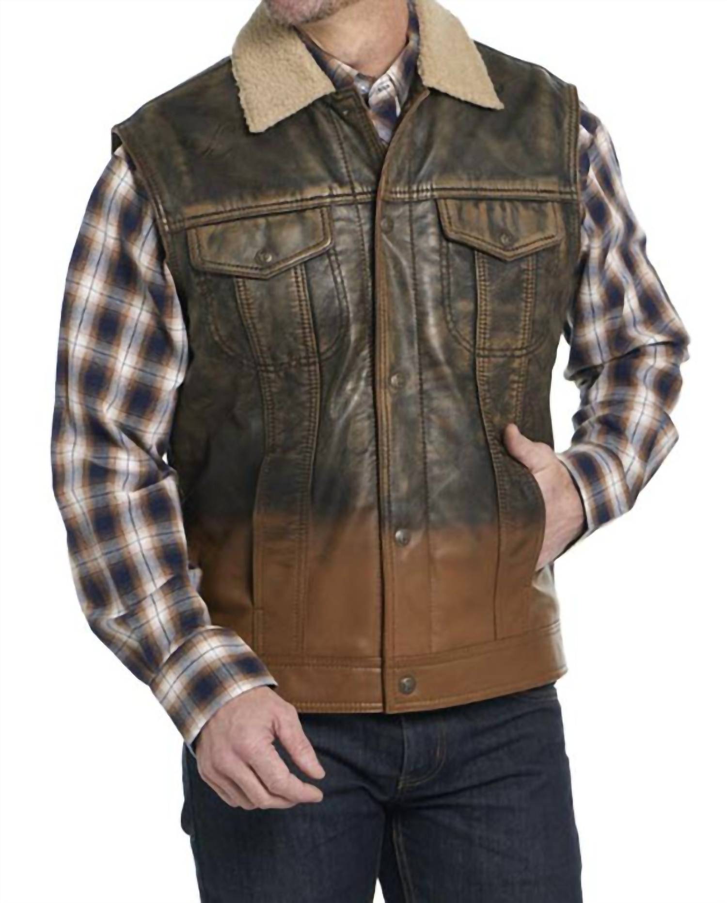Cripple Creek Men's Leather Snap Ombre Sherpa Lined Vest in chocolate dip - men's item