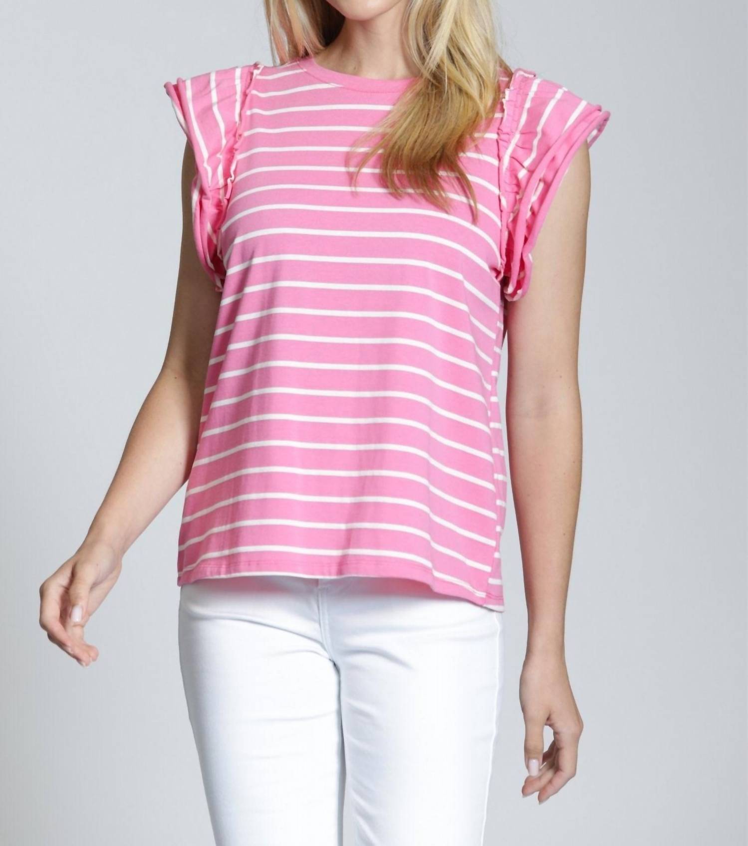 APNY Ruffle Cap Sleeve Tee in pink stripe - women's blouse