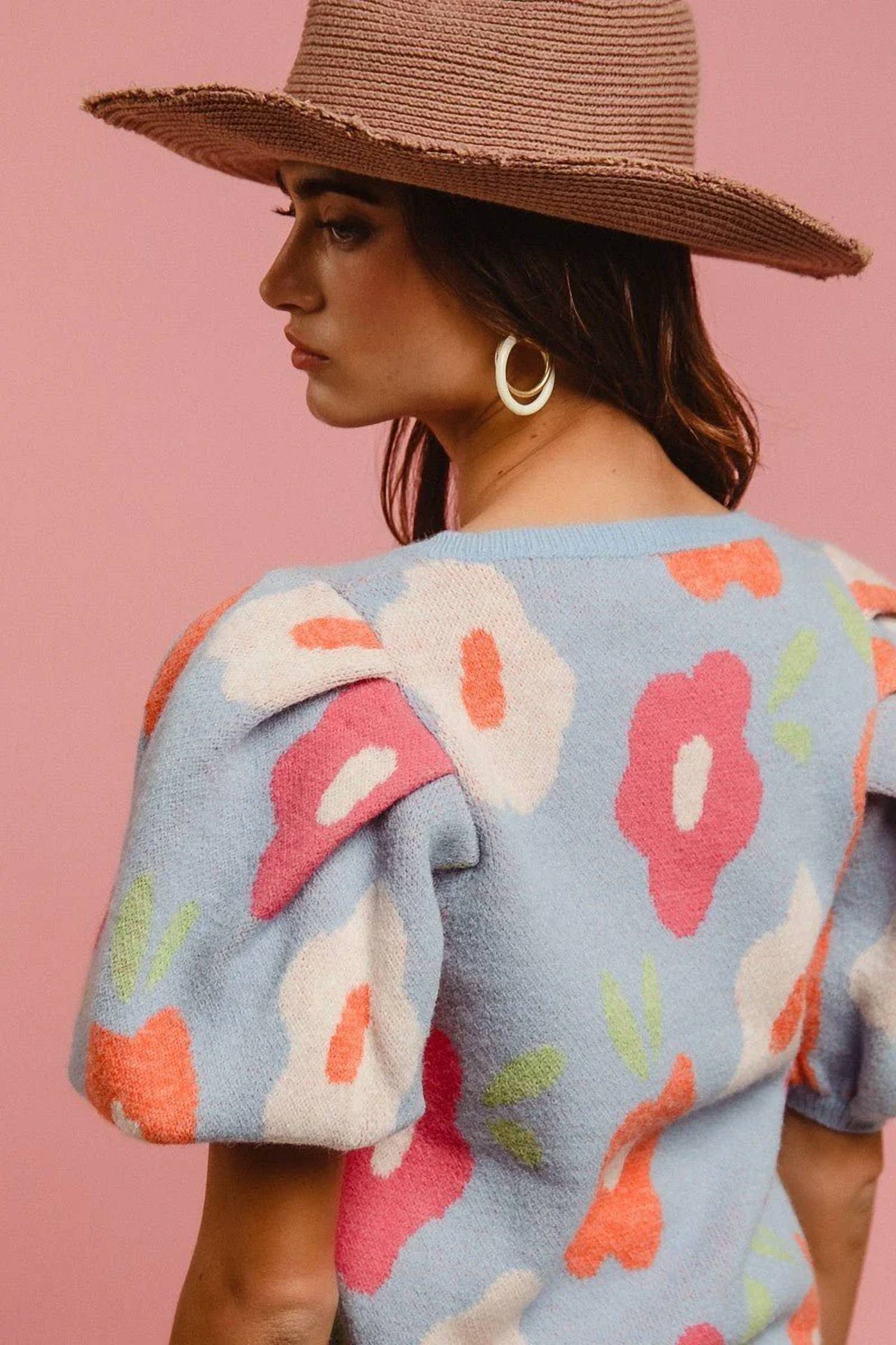 Bibi - Floral Pattern Puff Sleeves V-neck Sweater