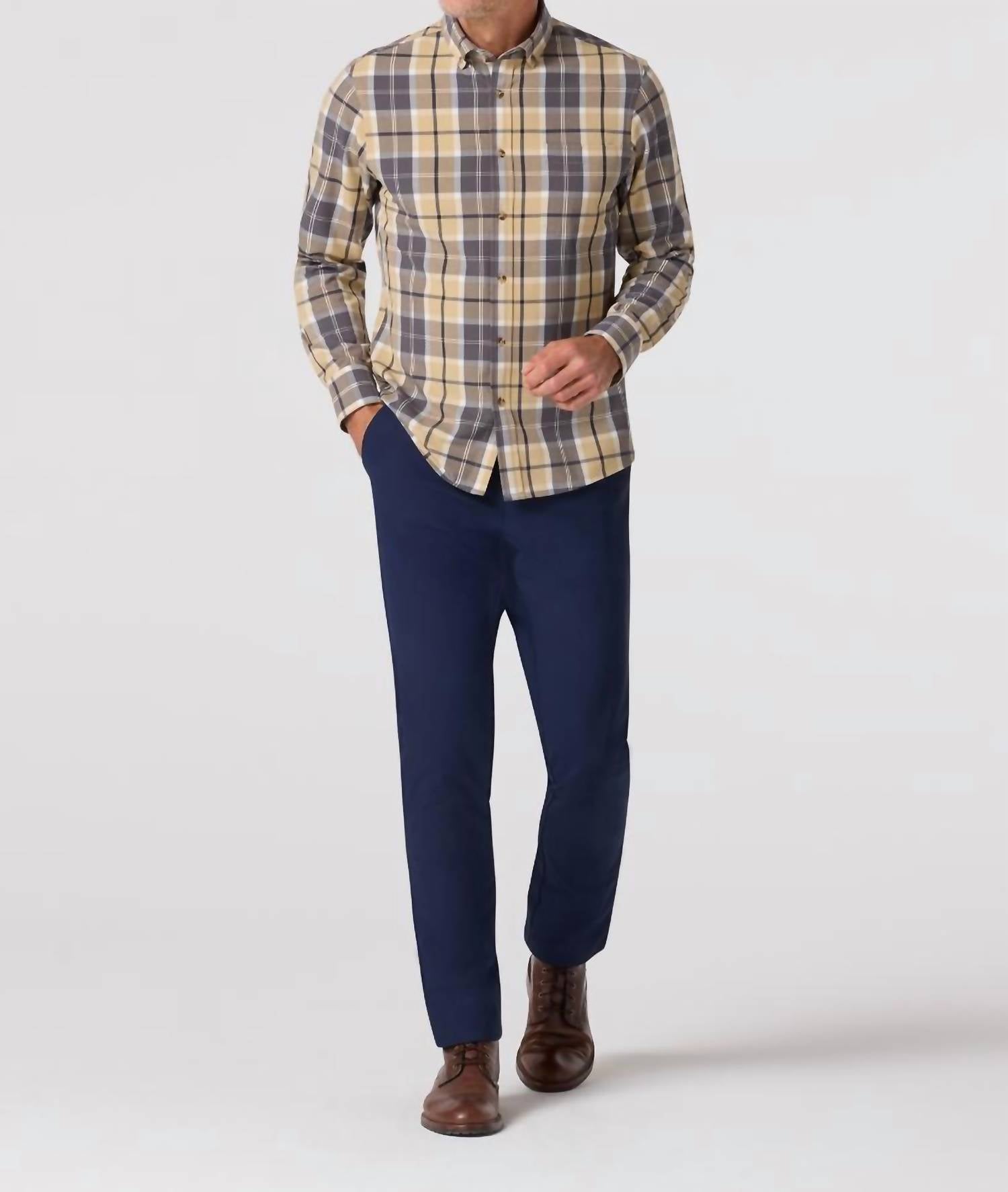 Mizzen + Main City Flannel Shirt in khaki timothy plaid - men's long sleeve top - detail view