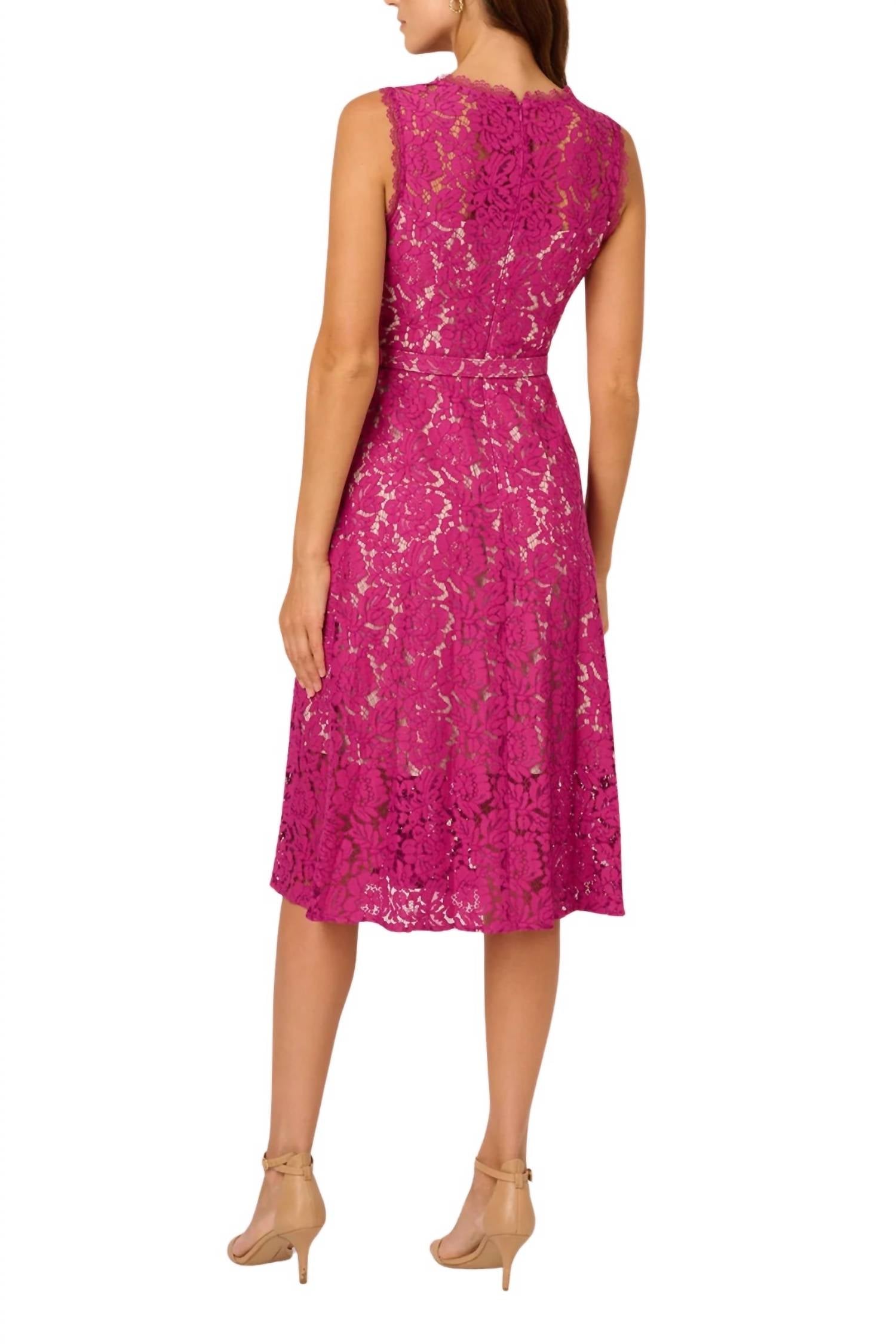 Adrianna Papell - Lace Round Neck A-line Dress