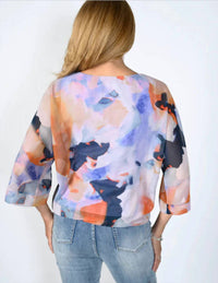 Frank Lyman Polina Printed Blouse With Side Tie in purple multi - women's blouse - detail view
