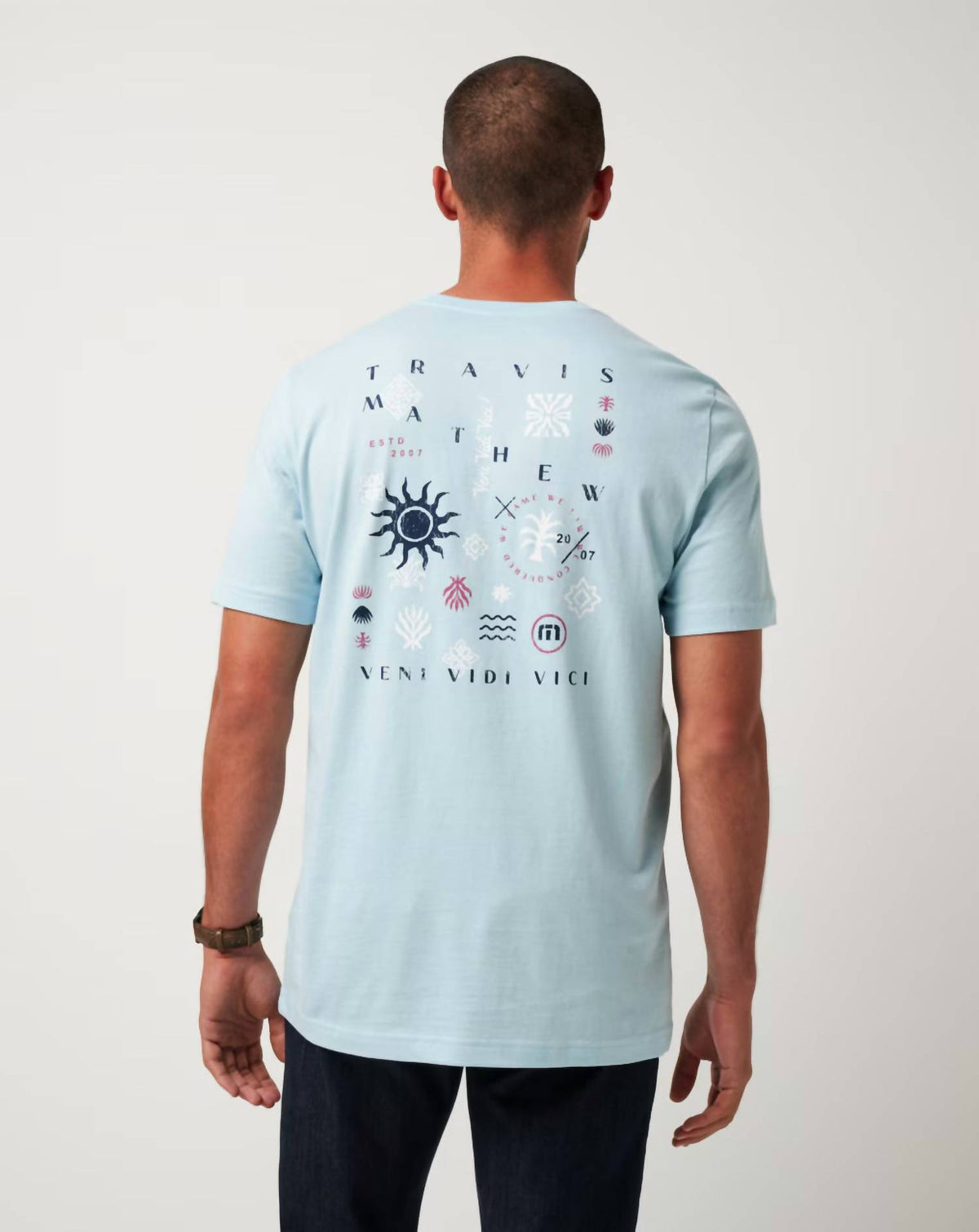 TravisMathew Euro Trip Short Sleeve Tee in cory blue - men's t-shirt - detail view