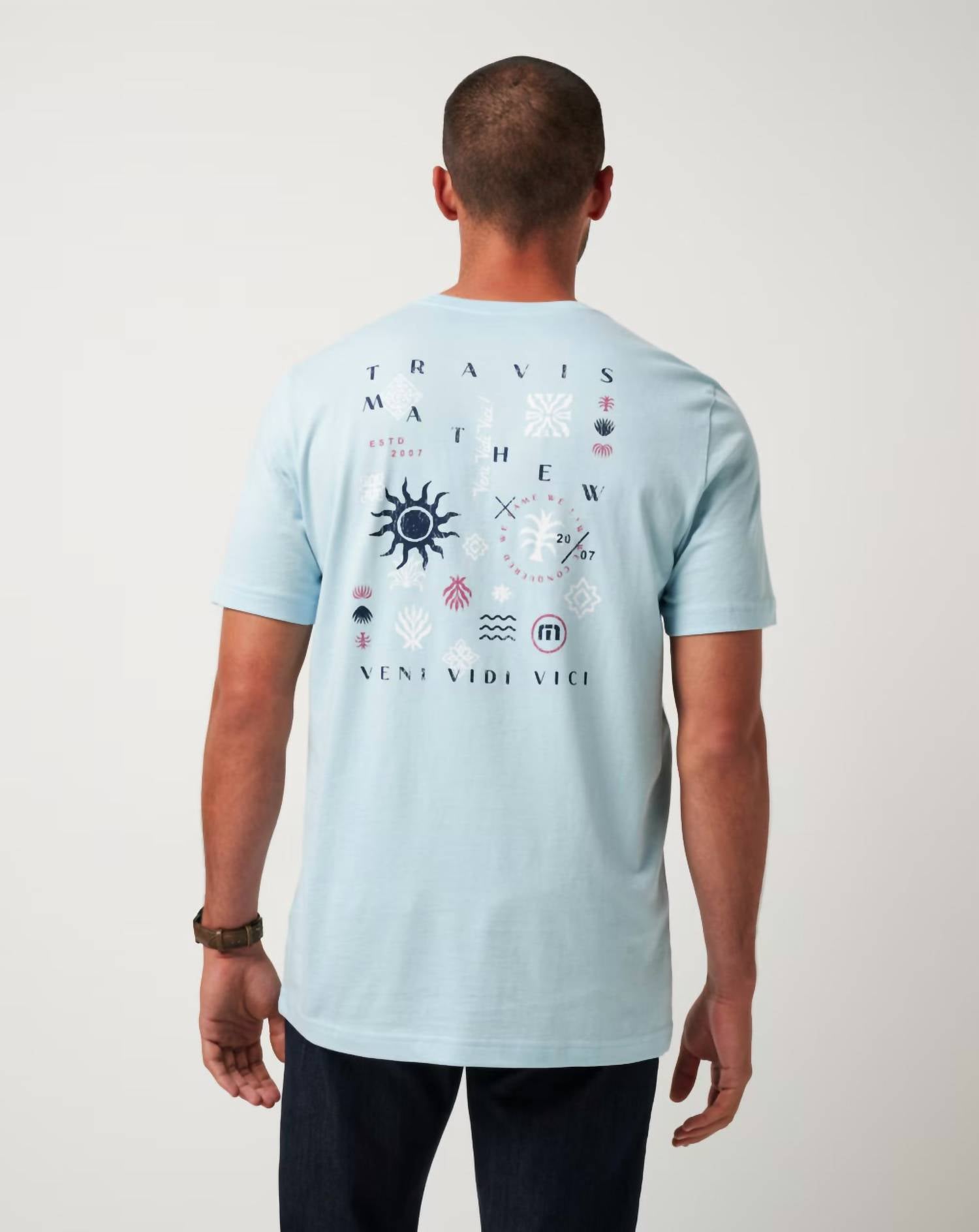 TravisMathew Euro Trip Short Sleeve Tee in cory blue - men's t-shirt - detail view