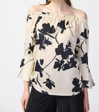 Joseph Ribkoff - Joseph Ribkoff 241022 Beige/black Floral Off The Shoulder Blouse