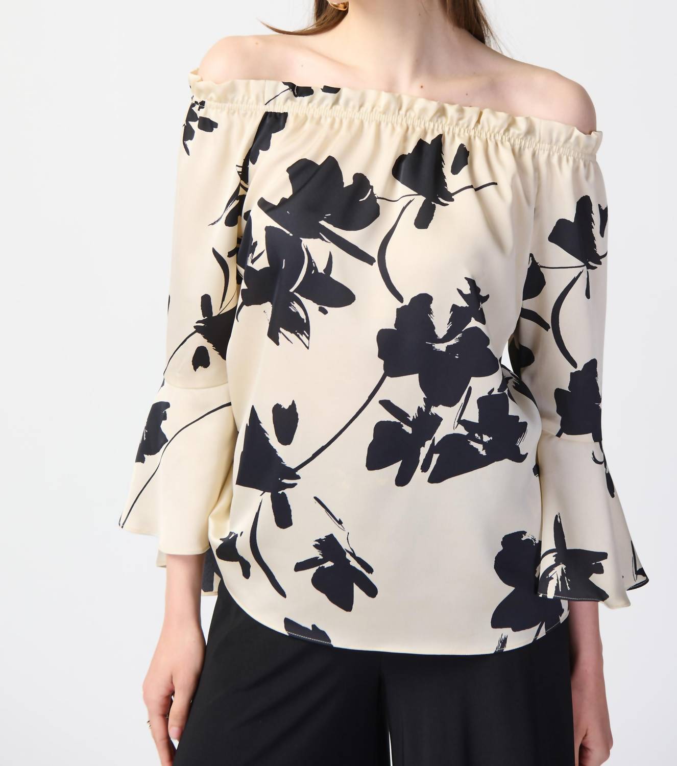 Joseph Ribkoff - Joseph Ribkoff 241022 Beige/black Floral Off The Shoulder Blouse