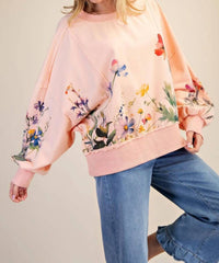 Easel - Floral Printed Terry Knit Pullover Top