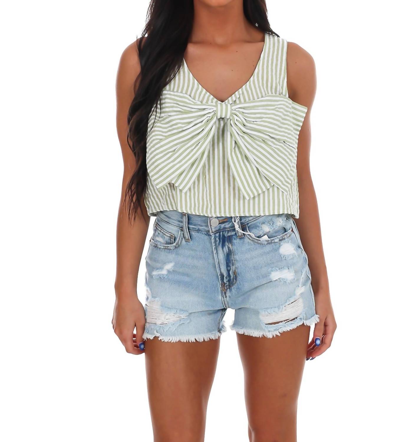 day + moon Sugar Stripe Bow Crop Top in avocado - women's shirt - view 5