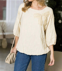 Joh - Woven Top With Pearl Ribbon Bow