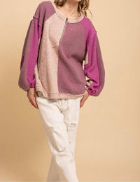 Blue Velvet Relaxed Fit Multi Media Fabric Mixed Knit Color Block Top in mulberry - women's sweater - view 5