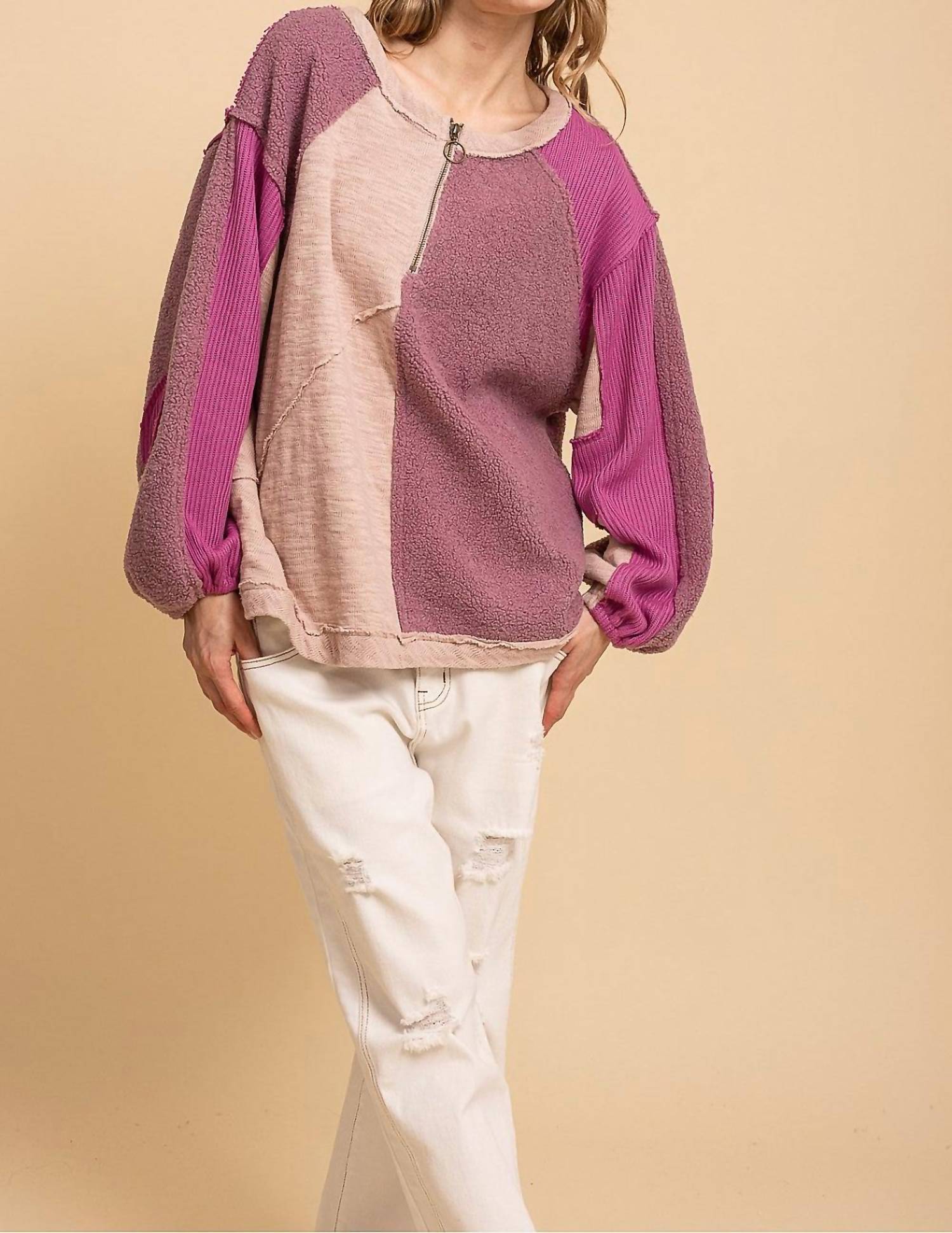 Blue Velvet Relaxed Fit Multi Media Fabric Mixed Knit Color Block Top in mulberry - women's sweater - view 5
