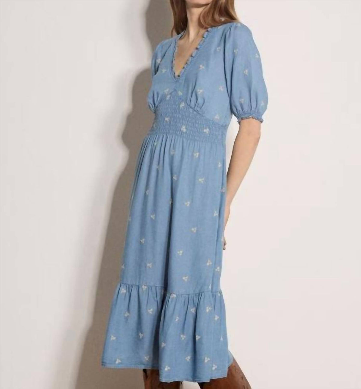 Apricot - Embroidered Denim Tea Dress