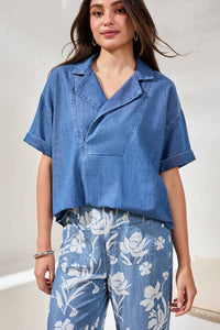Tribal - Flowy Popover Denim Shirt With Short Sleeves