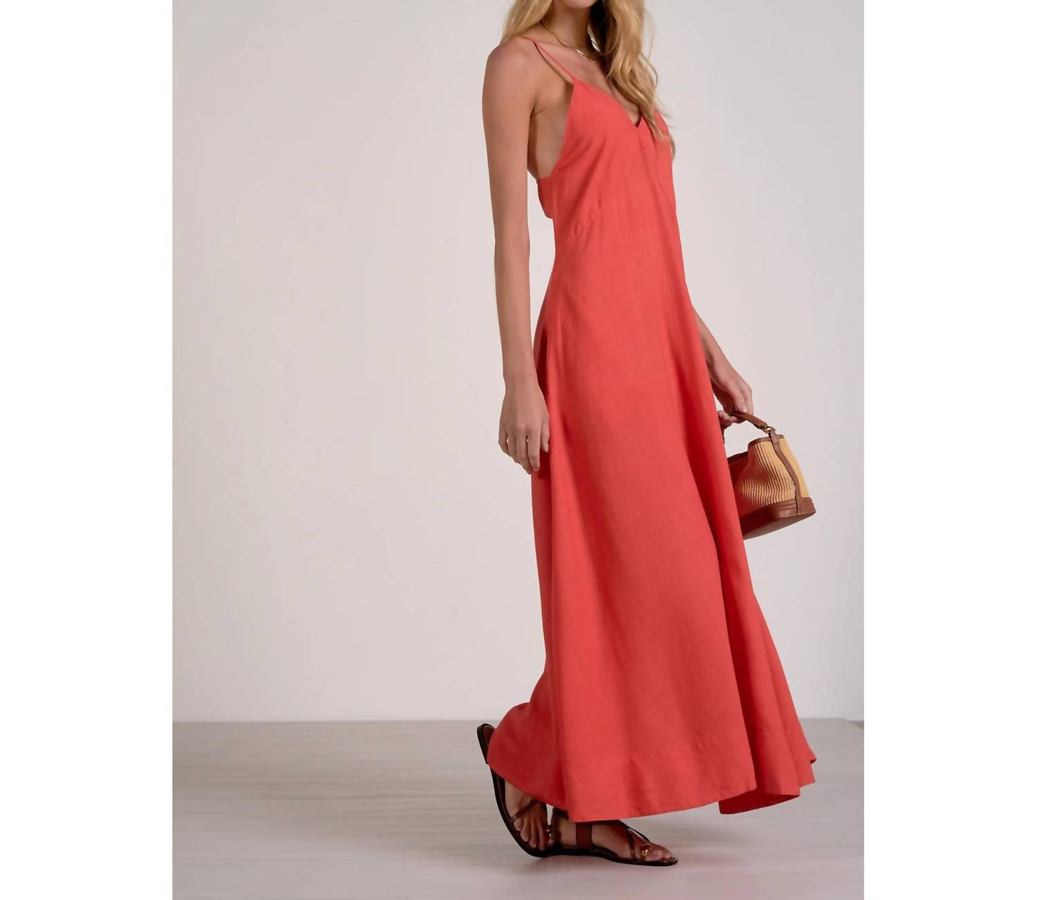 Elan - Havana V-neck Spaghetti Strap Maxi Dress