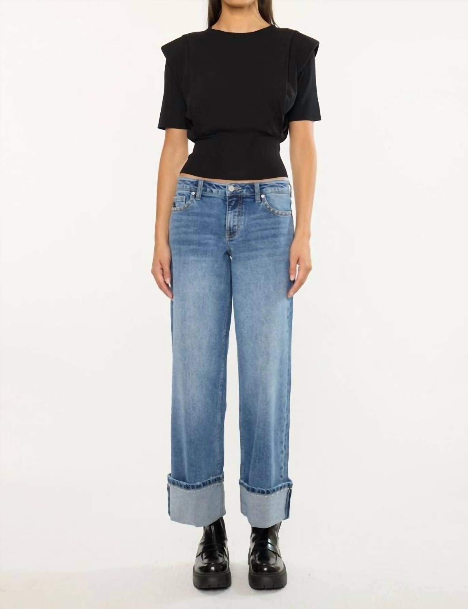 Kancan - Mid Rise Studded Wide Leg Jeans