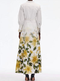Oscar de la Renta Long Sleeve Chrysanthemum Fade Poplin Caft Dress in yellow white - women's dress - detail view