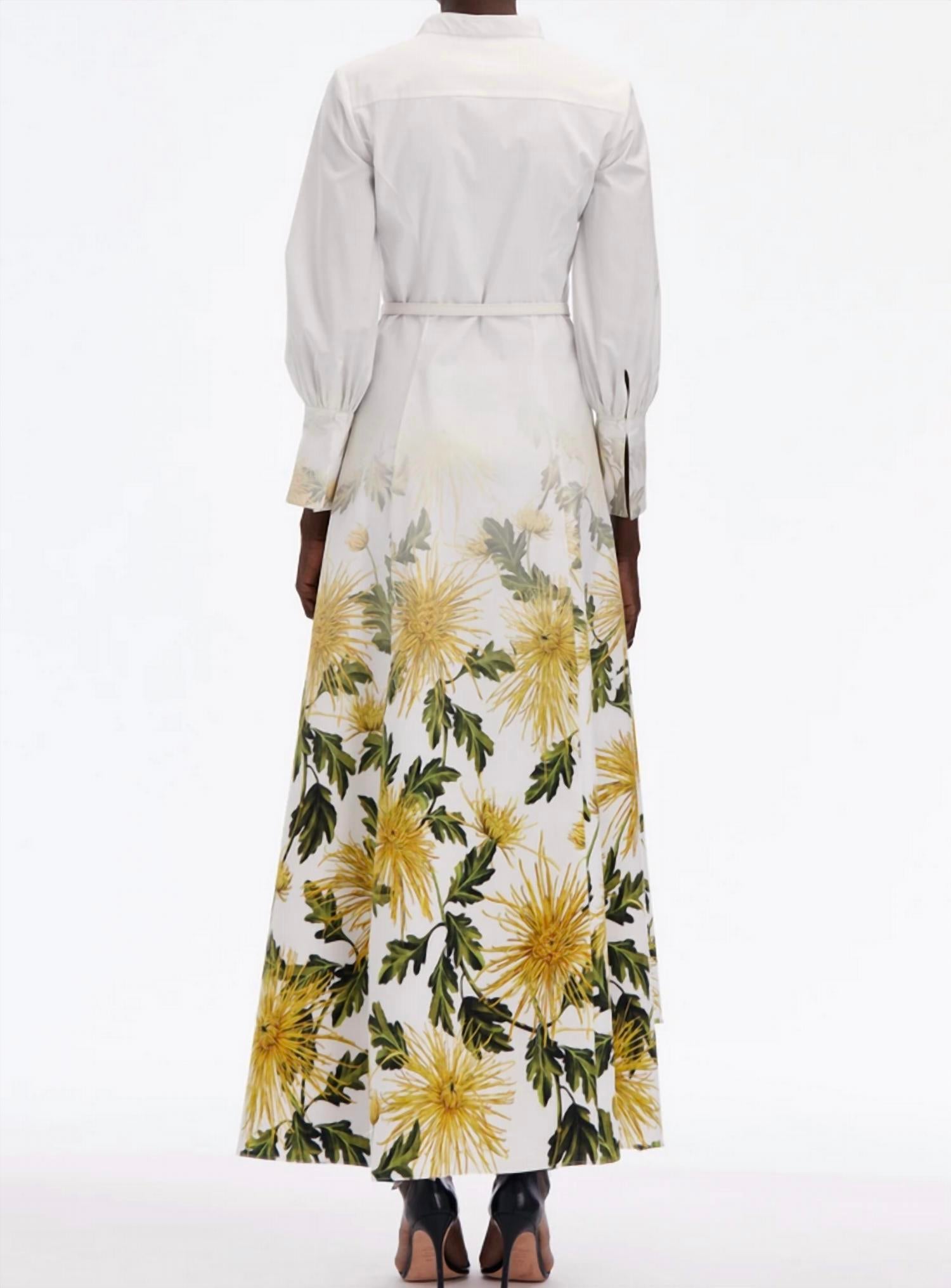 Oscar de la Renta Long Sleeve Chrysanthemum Fade Poplin Caft Dress in yellow white - women's dress - detail view