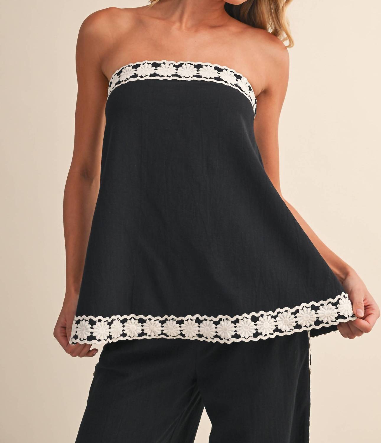 Klesis Lace Edge Tube Top And Pants Set in black cream - women's sleepwear - view 6