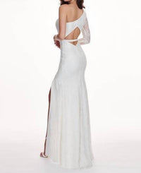 Rachel Allan - Asymmetrical Neck One Shoulder Long Sleeved Slit Evening Gown