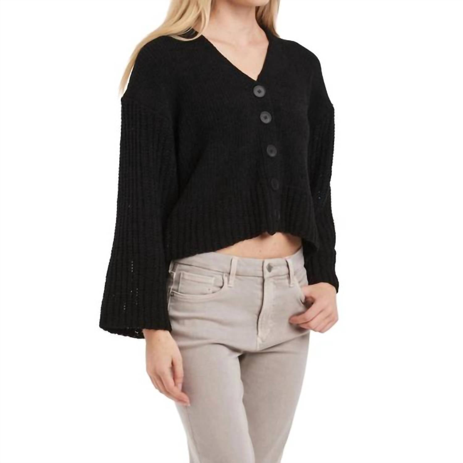 Another Love Samira Button Front Chunky Knit Cardigan in black - women's cardigan - detail view