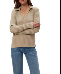 Michael Stars Liyah London Rib Long Sleeve Collared Tee in macadamia - women's long sleeve top