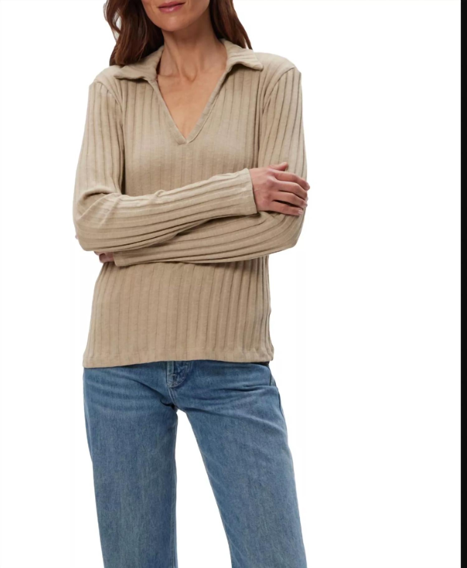 Michael Stars Liyah London Rib Long Sleeve Collared Tee in macadamia - women's long sleeve top
