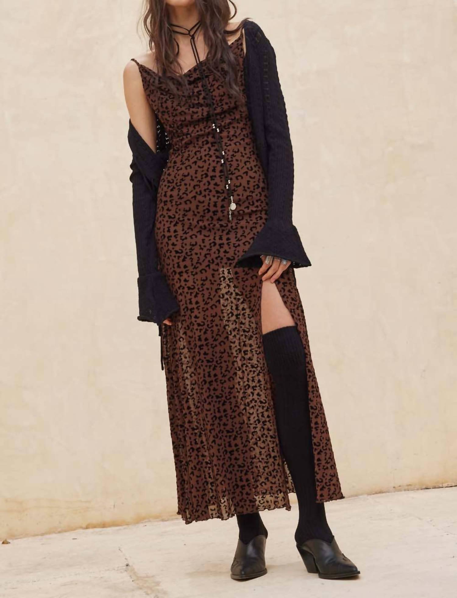 Promesa - Flocked Leopard Mesh Cowl Neck Maxi Dress